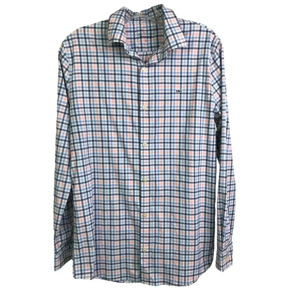 Vineyard Vines Shirt Boys XL Blue Peach Gingham Button Down Lightweight‎